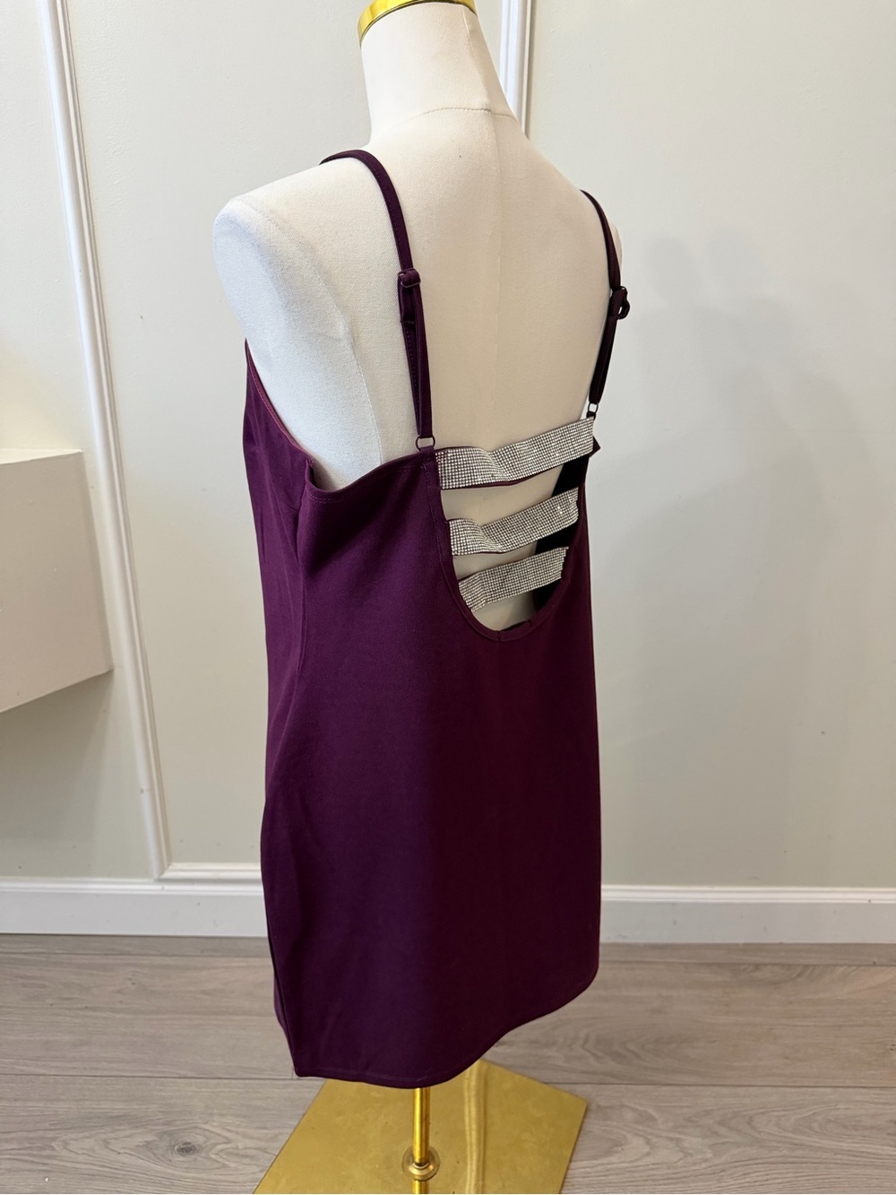 Plum Backless Bodycon Mini Dress with Metallic Back Straps - Picture 3 of 6